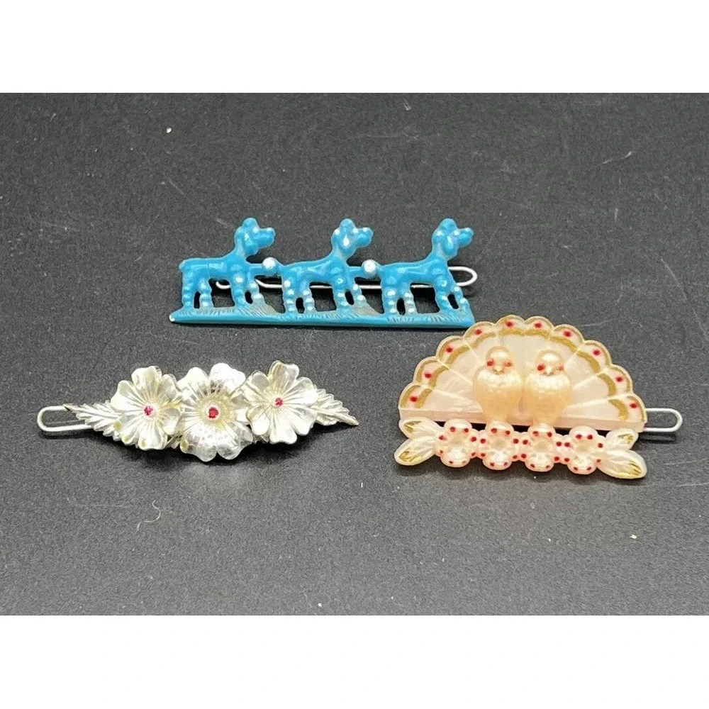 VTG Plastic POODLE BIRDs FLOWERS Hair Clip Barrette 1950s‎ Children - Set Of 3